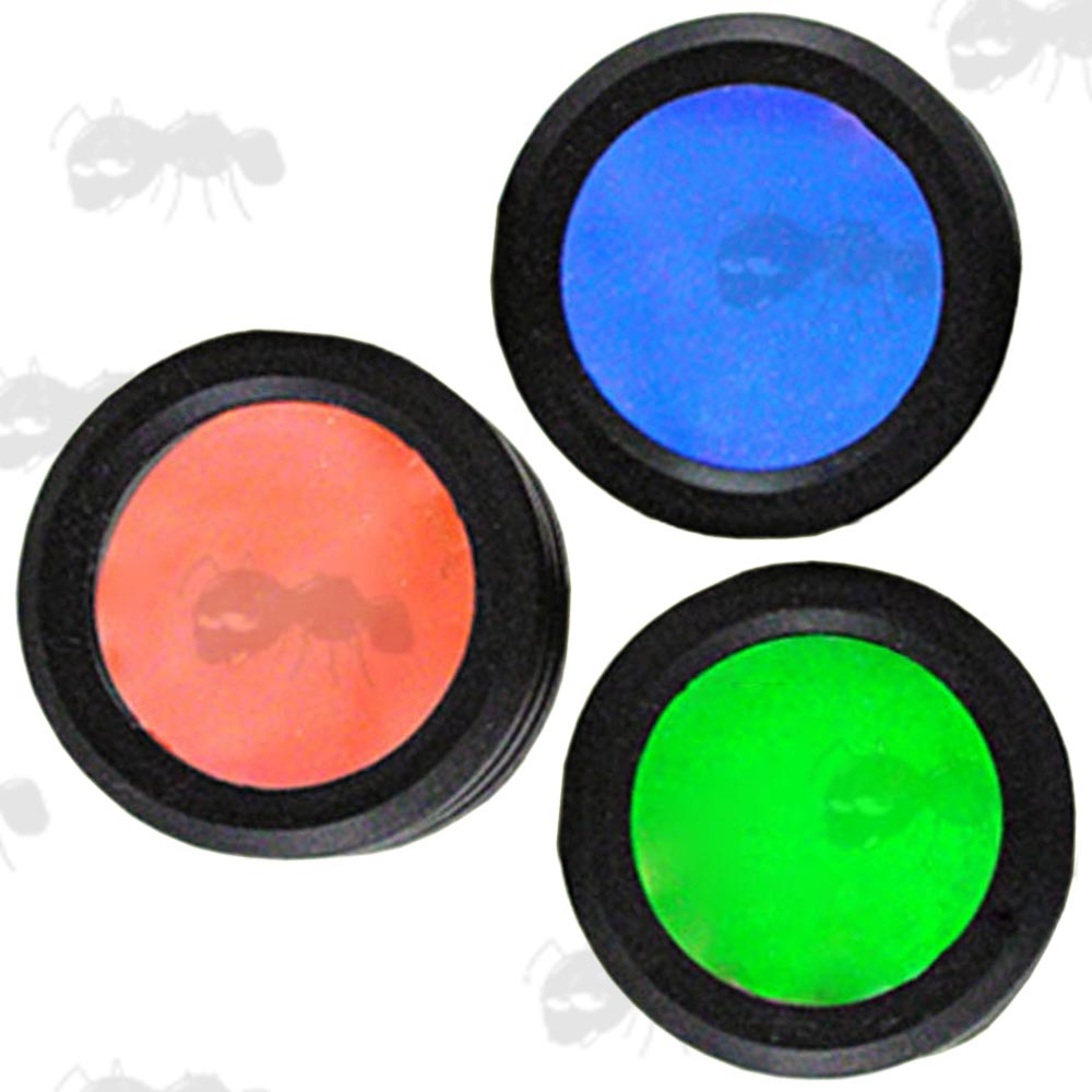 Set of Three 45mm Push-Fit Red, Green and Red Torch Lens Filters