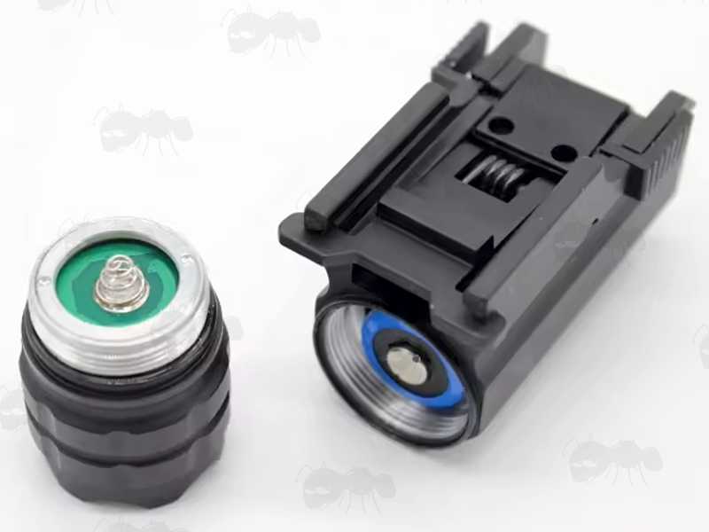 Quick Fitting Lever The Base Rail Fitting View of The Black Aluminium Body Compact LED Tactical Torch Unit with Head Lamp Unit Removed