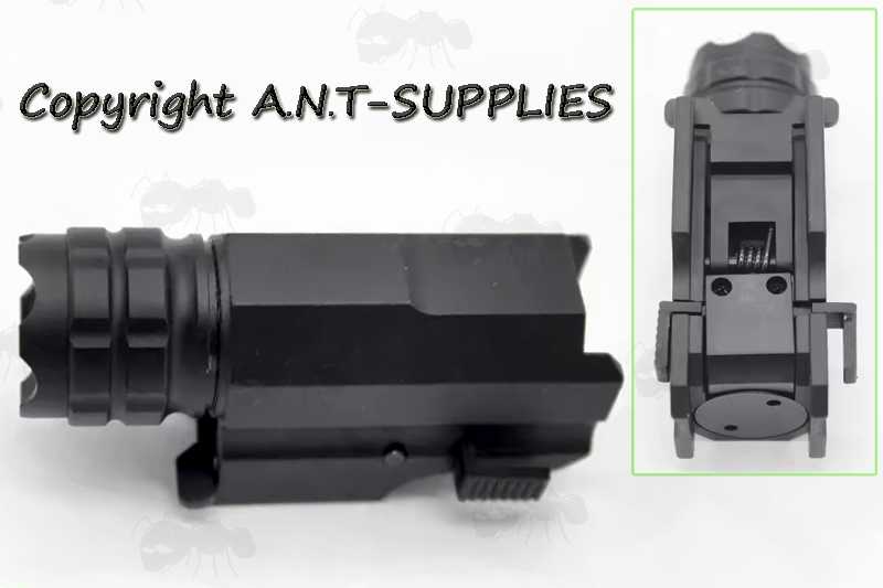 Black Aluminium Body Compact LED Tactical Torch Unit with View of Quick Fitting Lever The Base Weaver / Picatinny Rail Mount Fitting