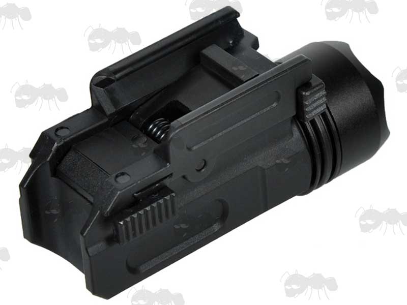 Base Rail Mount View of The Black Aluminium Body Compact LED Tactical Torch Unit with Weaver / Picatinny Gun Rail Mount