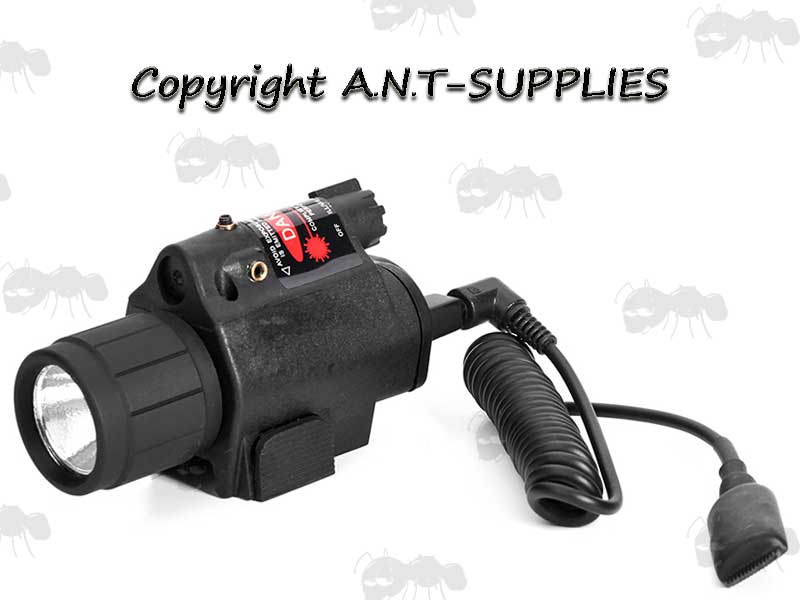 Black Plastic Body Compact LED Tactical Torch Unit with Red Laser and Plug in Pressure Pad Tailcap, with Weaver / Picatinny Gun Rail Mount