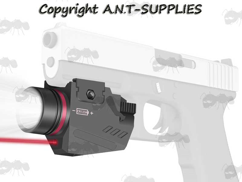 Black Plastic Body Compact LED Tactical Torch Unit with Red Laser and Weaver / Picatinny Gun Rail Mount Fitted to Pistol