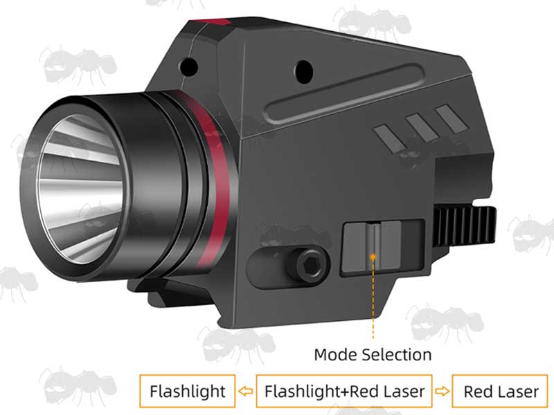 Mode Selector View on The Black Plastic Body Compact LED Tactical Torch Unit with Red Laser and Weaver / Picatinny Gun Rail Mount
