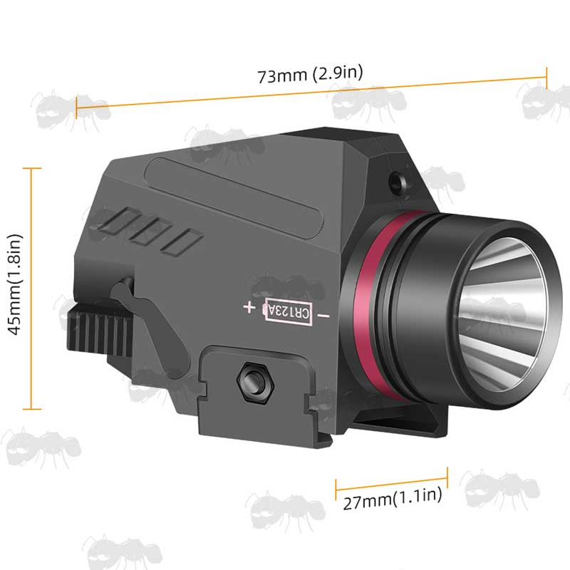 Dimensions on The Black Plastic Body Compact LED Tactical Torch Unit with Red Laser and Weaver / Picatinny Gun Rail Mount