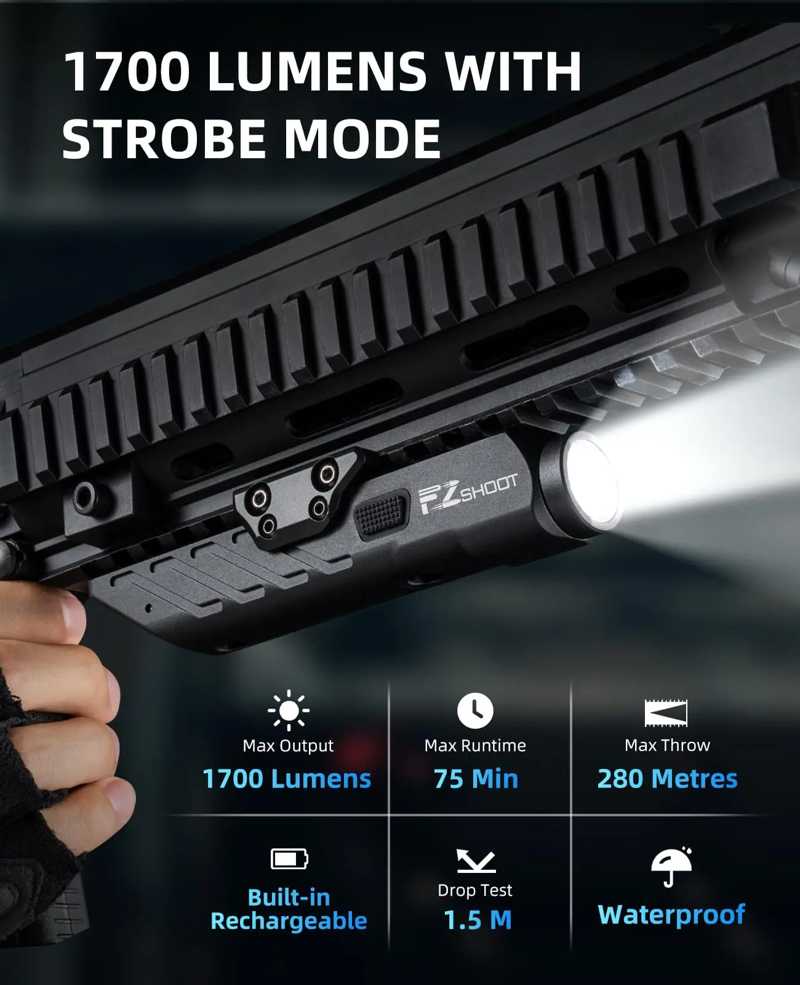 One Piece Inline Design Black Aluminium Body LED Tactical Rifle Torch Unit with Weaver / Picatinny and M-Lok Rifle Rail Mount, Shown Fitted to Forend Picatinny Base Rail