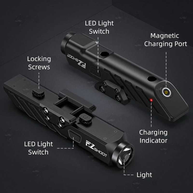 Features Shown on The One Piece Inline Design Black Aluminium Body LED Tactical Rifle Torch Unit with Weaver / Picatinny and M-Lok Rifle Rail Mount