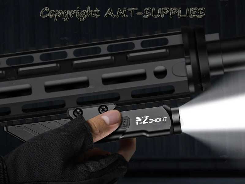 One Piece Inline Design Black Aluminium Body LED Tactical Rifle Torch Unit with Weaver / Picatinny and M-Lok Rifle Rail Mount, Shown Fitted to Forend Picatinny Base Rail