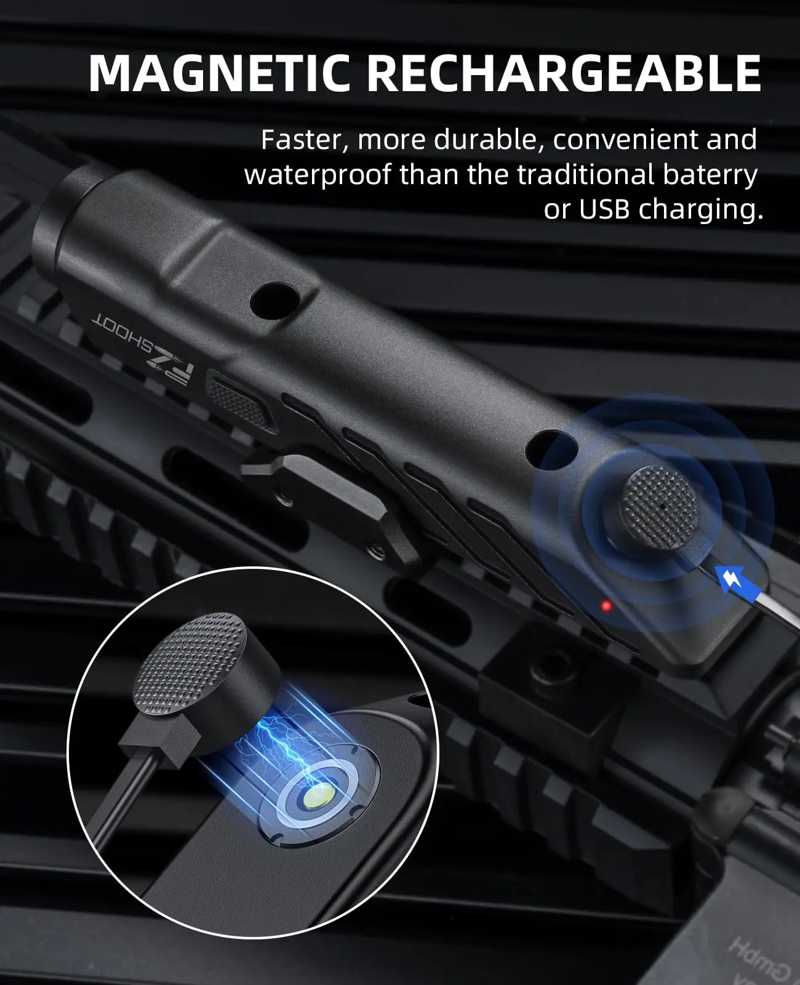 Magnetic Charger View of The One Piece Inline Design Black Aluminium Body LED Tactical Rifle Torch Unit with Weaver / Picatinny and M-Lok Rifle Rail Mount