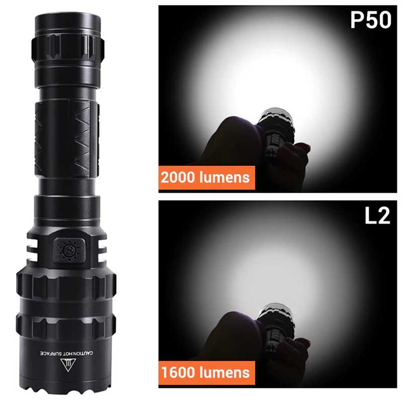Light Outputs on The All Black Anodised Metal G200 Gun Light with P50 LED Emitter Versus the L2 Emitter