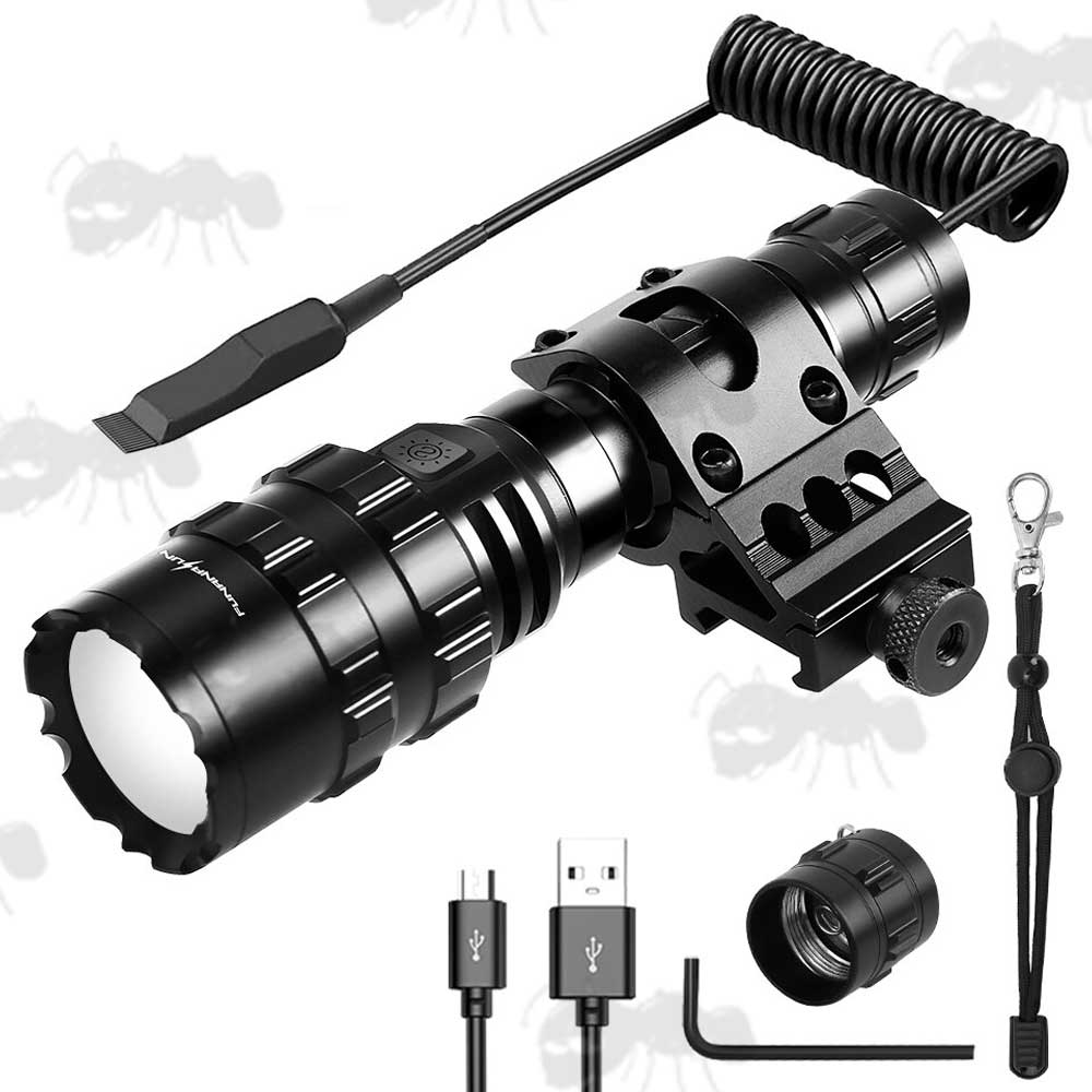 All Black Anodised Metal G200 Gun Light with P50 LED Emitter, Quick-Release Offset Weaver Rail Mount, Standard and Pressure Pad Tailcap, Lanyard and USB Charging Cable