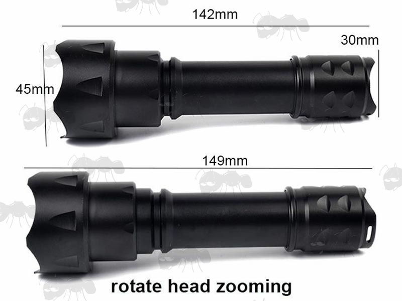 Minimum and Maximum Length Views Of The Large 18650 Powered Infrared Illuminator Torch With Rotating Zoom Head And Aspherical Lens