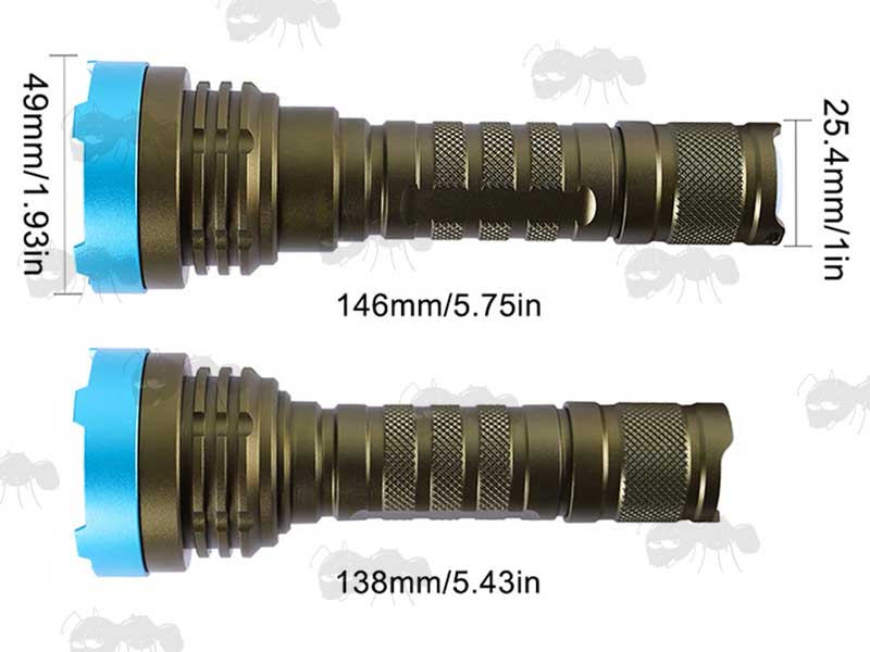 Minimum and Maximum Length Views of The Large 18650 Powered Green Body Infrared Illuminator Torch with Rotating Zoom Head And Aspherical Lens