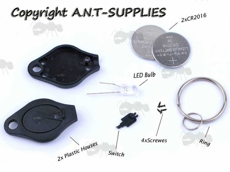 Disassembled View of The Black Casing Mini Bright White Keychain Light with Keyring