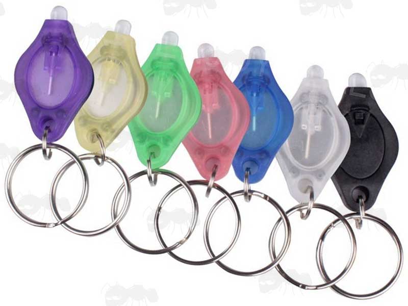 Seven Assorted Colour Mini Bright White Keychain Lights with Keyrings