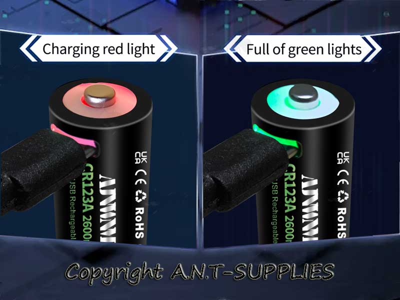 AJNWNM 16340 Lithium-Ion Batteries with USB-C Charging Port Being Charged with Cable Fitted, Showing Red When Charging, Green When Fully Charged