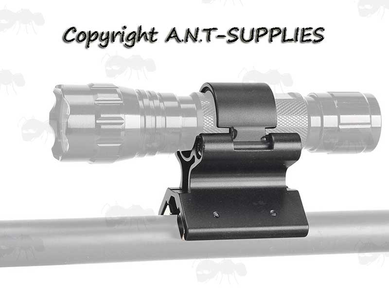 High Profile Magnetic Base Tactical Torch Mount Fitted With Torch on Gun Barrel