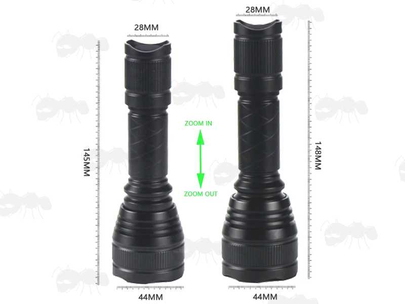 Minimum and Maximum Overall Lengths with the Zoom In and Zoom Out Settings on The Large Head IR LED Torch Illuminator with Remote Pressure Pad Tailcap