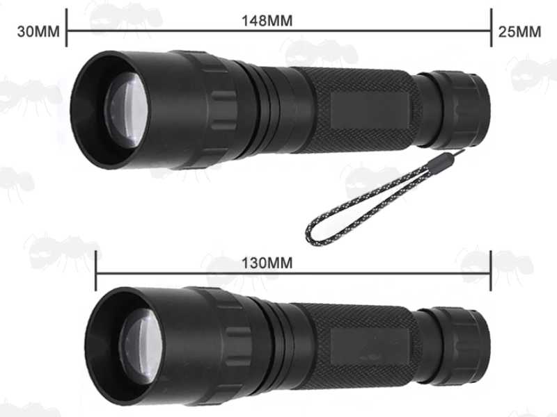Minimum and Maximum Overall Lengths with the Zoom In and Zoom Out Settings on The P90 Host IR LED Torch Illuminator with Remote Pressure Pad Tailcap