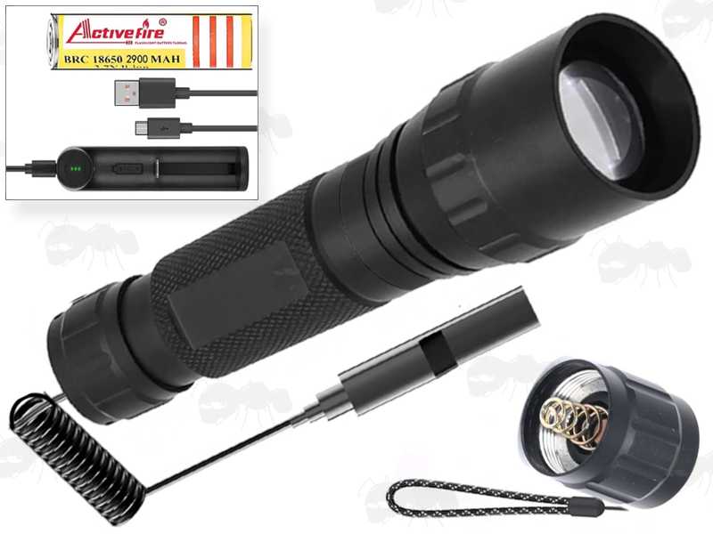 P90 Host IR LED Torch Illuminator with Standard Clicky Tailcap, Remote Pressure Pad Tailcap, 1650 Battery, Charger and Cable