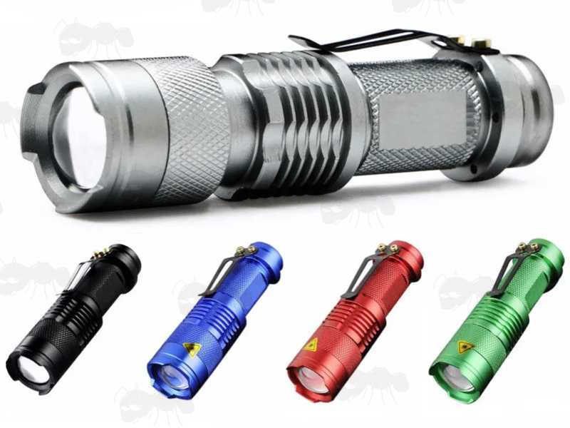 Body Anodised Colour Options of The Metal LED Torch Powered by AA Alkaline or 14500 Lithium-Ion Battery