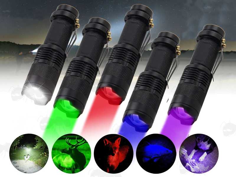 Colour Option of The All Black Anodised Metal LED Torch Powered by AA Alkaline or 14500 Lithium-Ion Battery