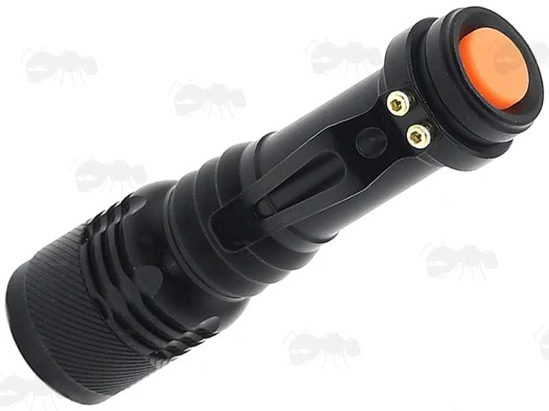 View of The Orange Tailcap Power Button and Belt Clip on The All Black Anodised Metal LED Torch Powered by AA Alkaline or 14500 Lithium-Ion Battery