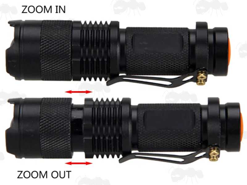 View of The Adjustable Lengths of The All Black Anodised Metal LED Torch Powered by AA Alkaline or 14500 Lithium-Ion Battery, for Adjusting The Zoom