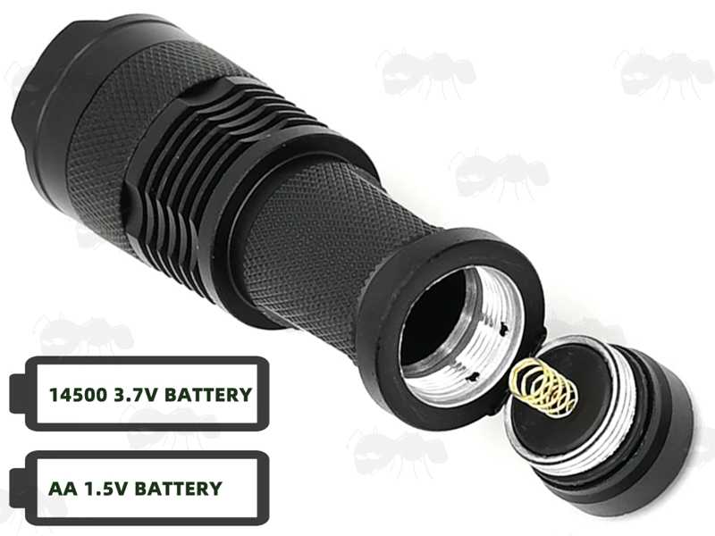 Battery Compartment View of The All Black Anodised Metal LED Torch Powered by AA Alkaline or 14500 Lithium-Ion Battery