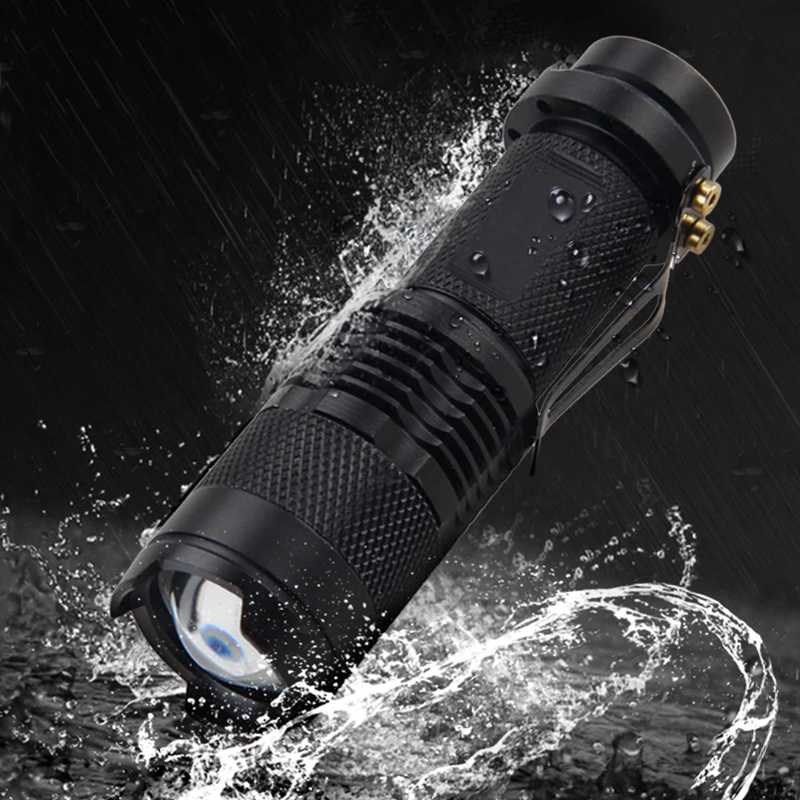 All Black Anodised Metal LED Torch Powered by AA Alkaline or 14500 Lithium-Ion Battery, with Adjustable Zoom, Belt Clip and Orange Tailcap Power Button
