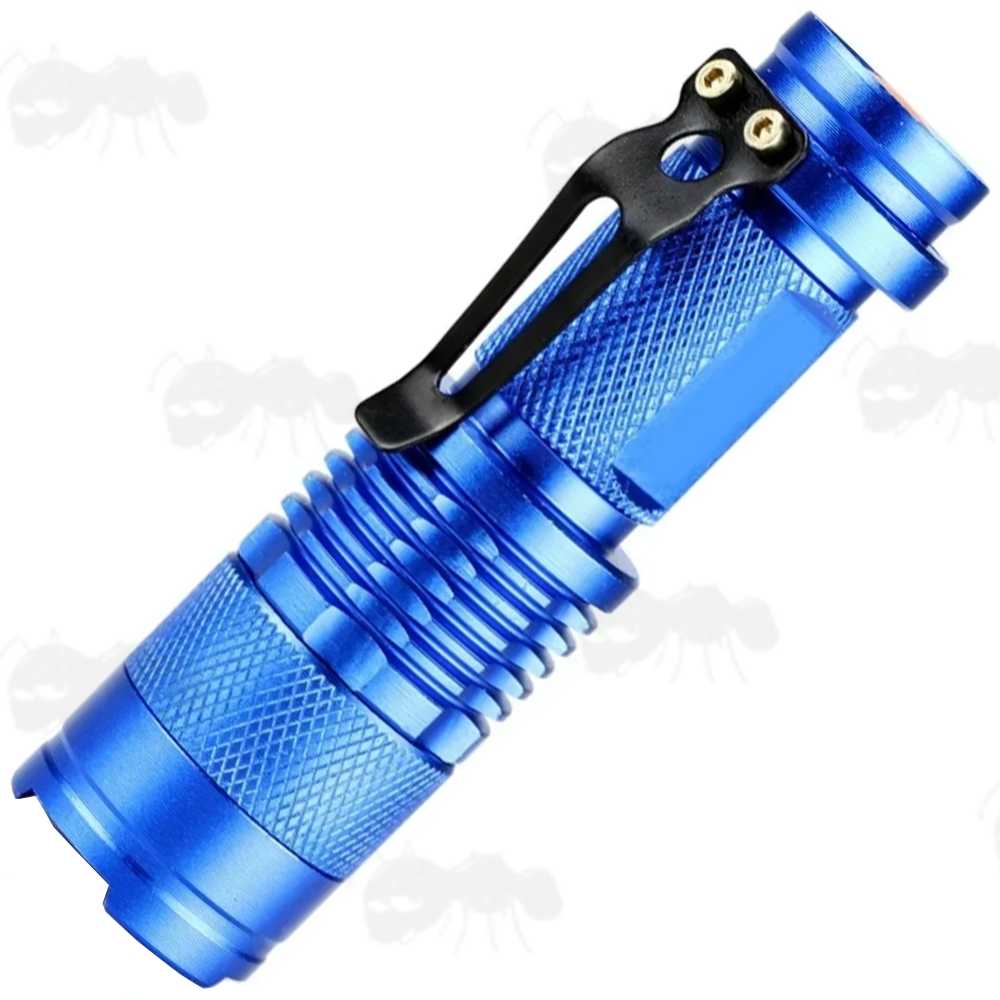 All Blue Anodised Metal LED Torch Powered by AA Alkaline or 14500 Lithium-Ion Battery, with Adjustable Zoom, Belt Clip and Orange Tailcap Power Button