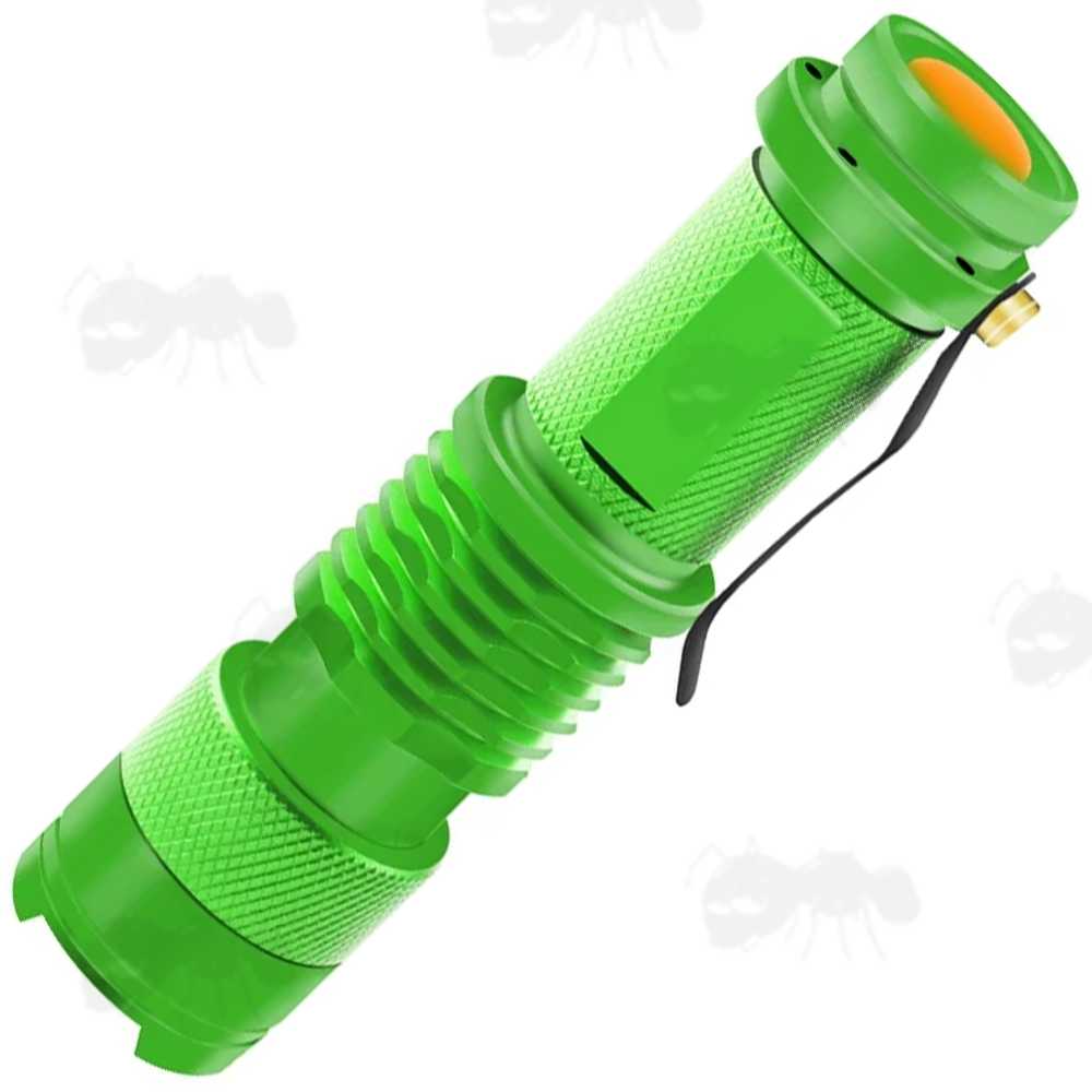 All Green Anodised Metal LED Torch Powered by AA Alkaline or 14500 Lithium-Ion Battery, with Adjustable Zoom, Belt Clip and Orange Tailcap Power Button