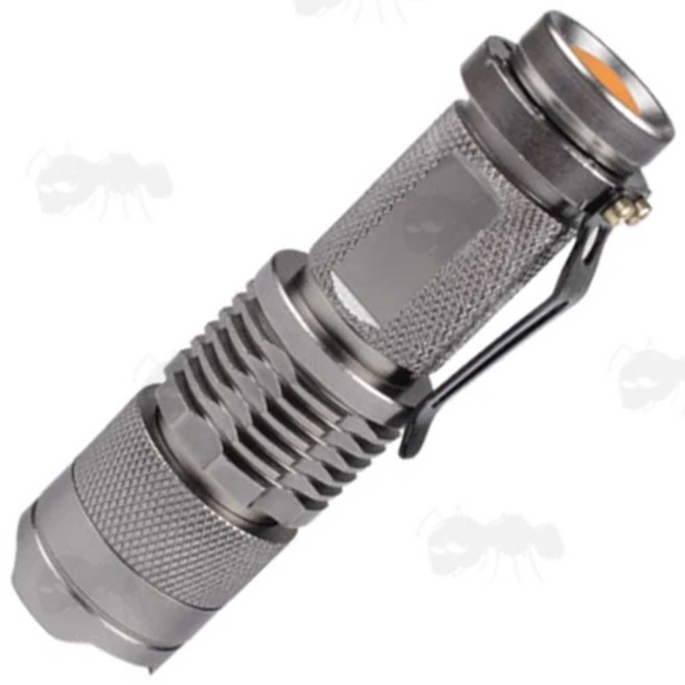 All Silver Anodised Metal LED Torch Powered by AA Alkaline or 14500 Lithium-Ion Battery, with Adjustable Zoom, Belt Clip and Orange Tailcap Power Button
