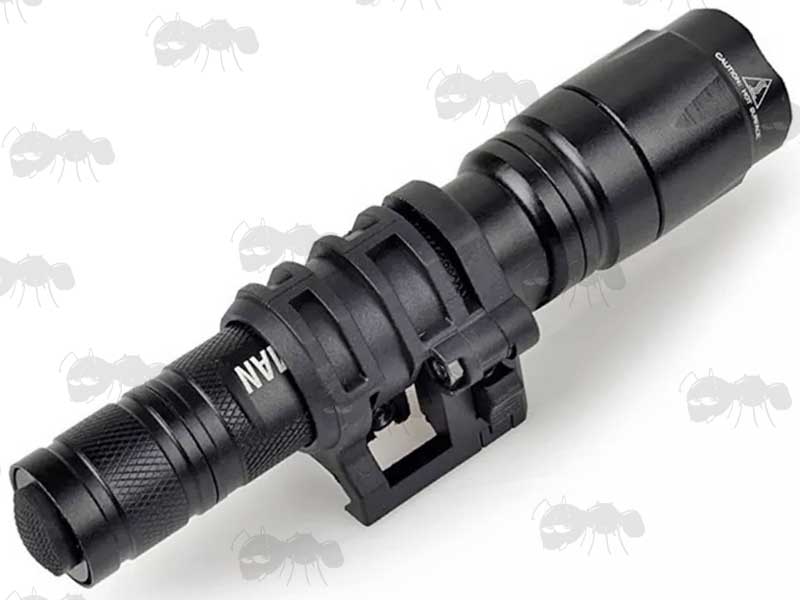 Black Polymer 20mm Tactical Torch Quick Attachment Rail Mount with Torch Fitted