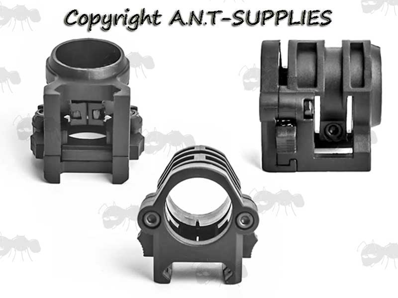Front, Side and Base View of The Black Polymer 20mm Tactical Torch Quick Attachment Rail Mount
