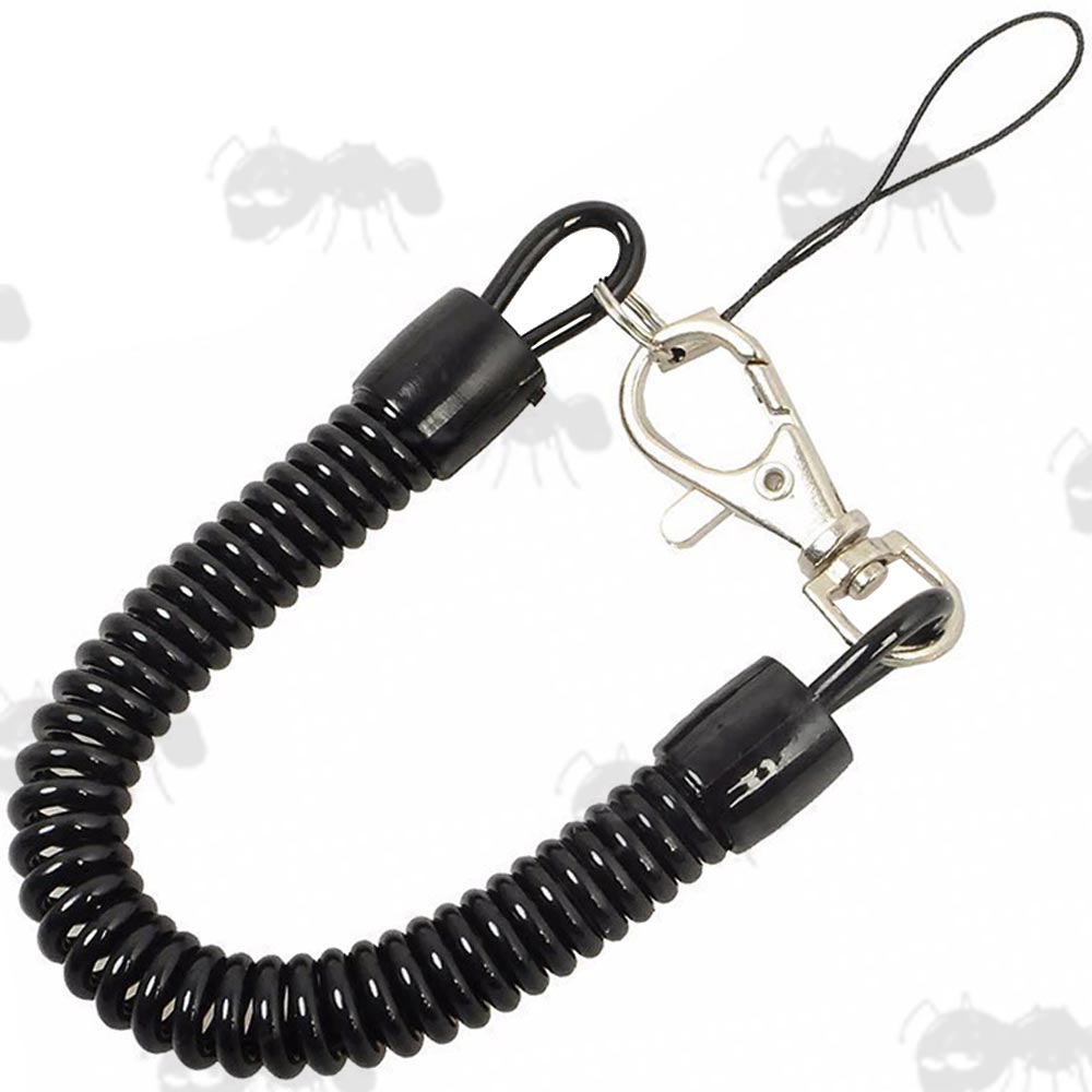 Long, Black Coiled Cable Torch Lanyard with Plastic Coating and Metal Swivel Clip