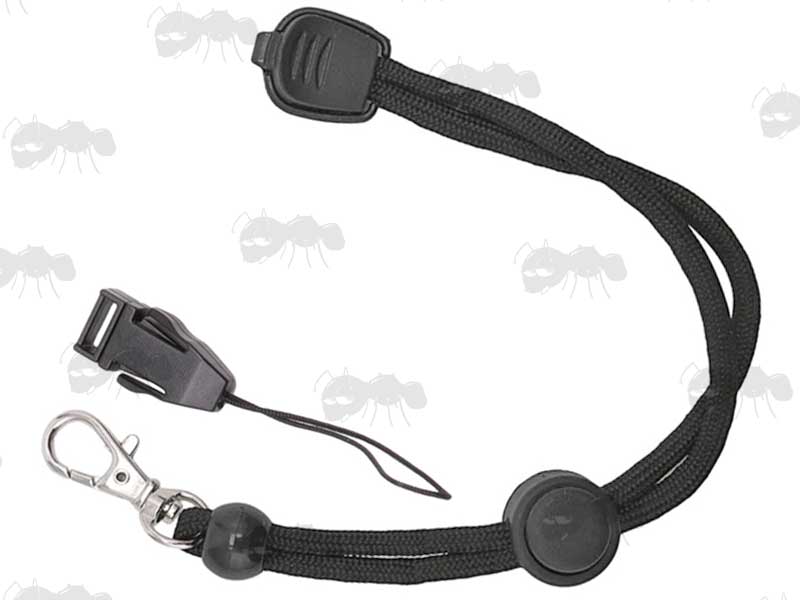 Long, Black Cord Torch Lanyard with Plastic Buckle and Metal Swivel Clip