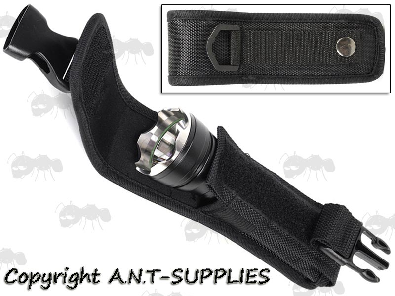 Large Black Nylon Torch Pouch with Plastic Side Release Quick-Release Flap Fastener Clip