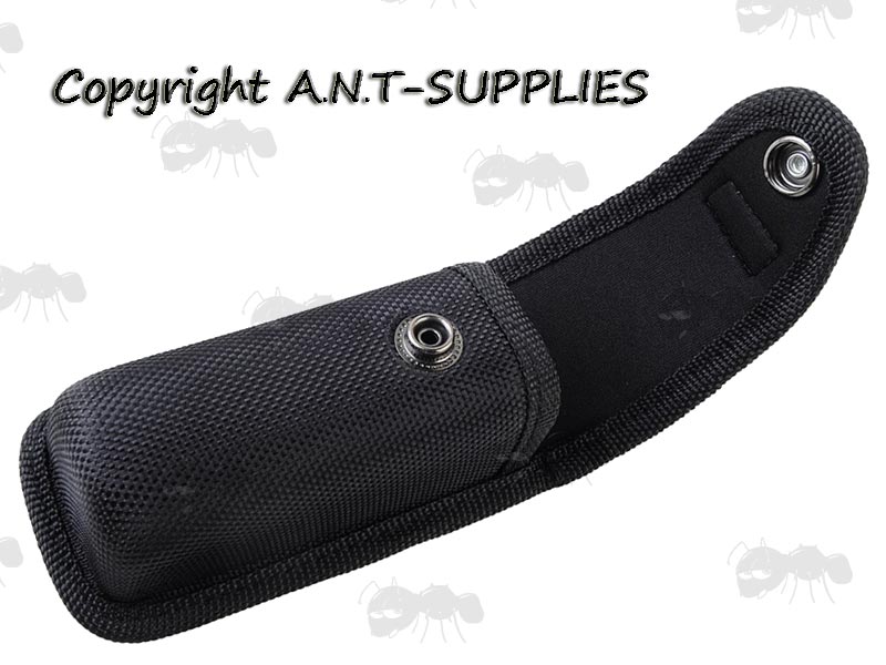 Front Open View of The Rigid Black Nylon Torch Pouch with Press Stud Flap and MOLLE Fitting Strap with Metal D-Ring